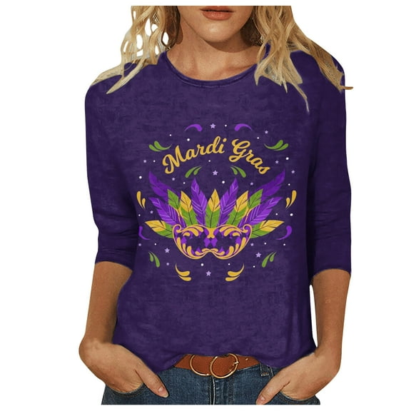 DDAPJ pyju Mardi Gras Shirts for Women 3/4 Sleeve Crewneck Mask Graphic Tees New Orleans Carnival Party Blouses Lightweight Going Out Tunic Tops Purple M