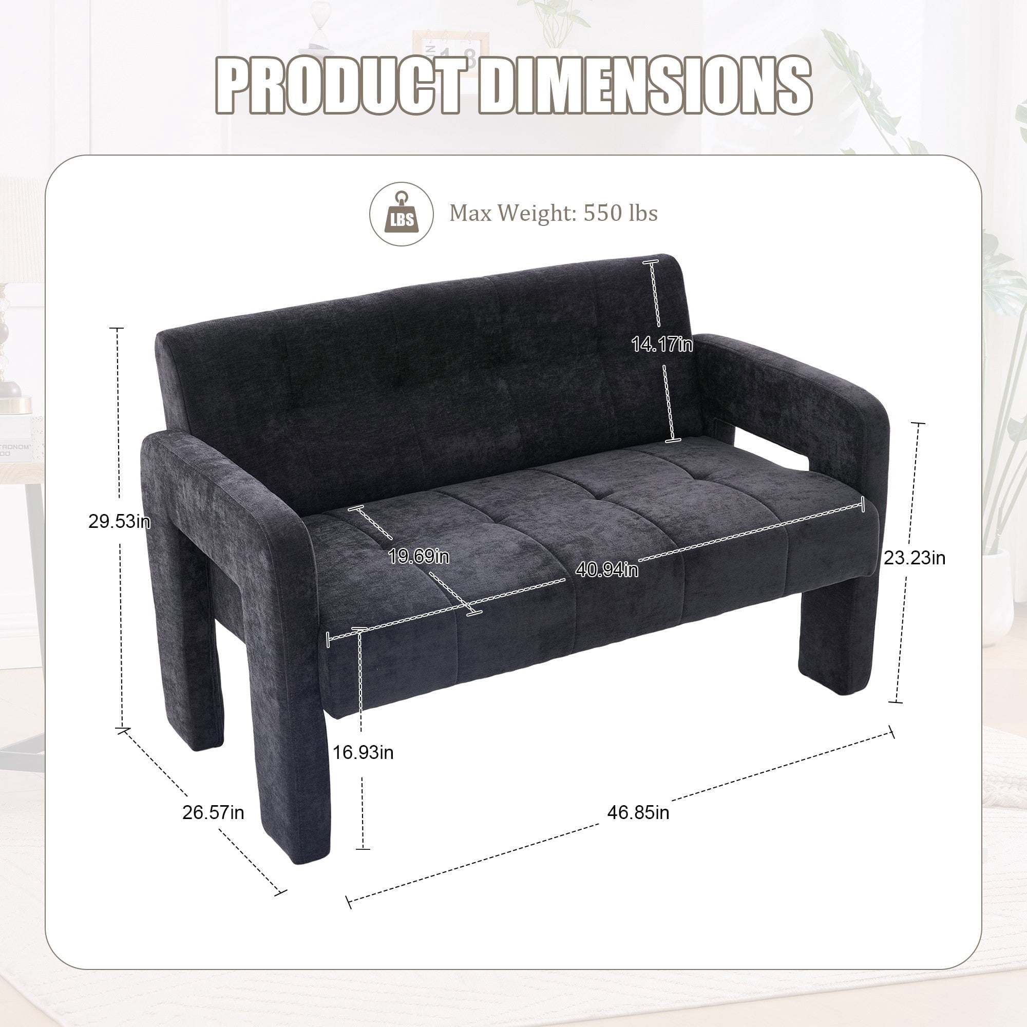 Sailvan Nordic Modern Chenille Loveseat,Compact 2-Seater Upholstered Sofa with Dual Armrests for Living Room,Bedroom,and Small Spaces Black