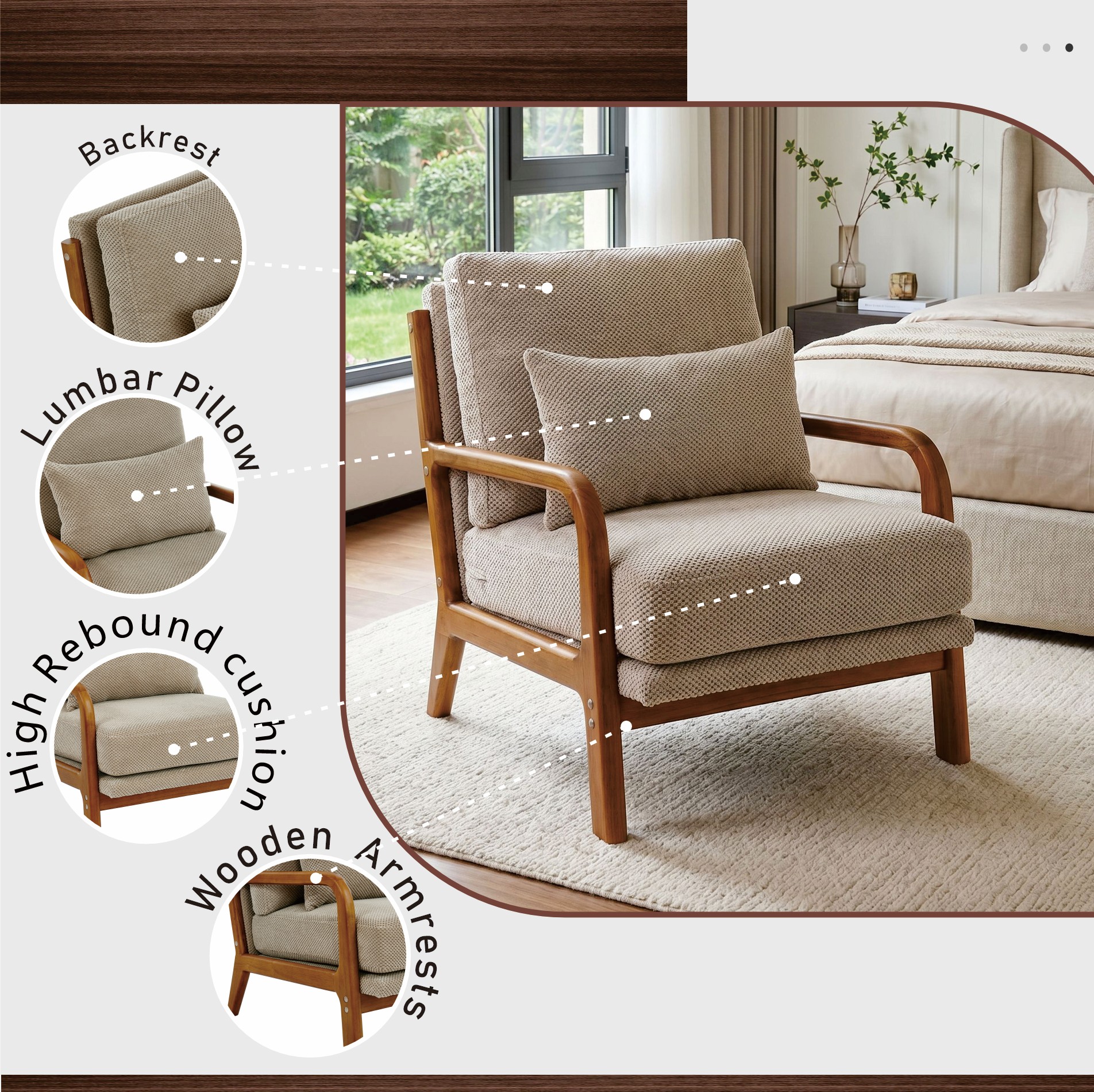 MOONMISS Accent Chair, Reading Club Chair with Pillow for Living Room Bedroom Furniture,Camel