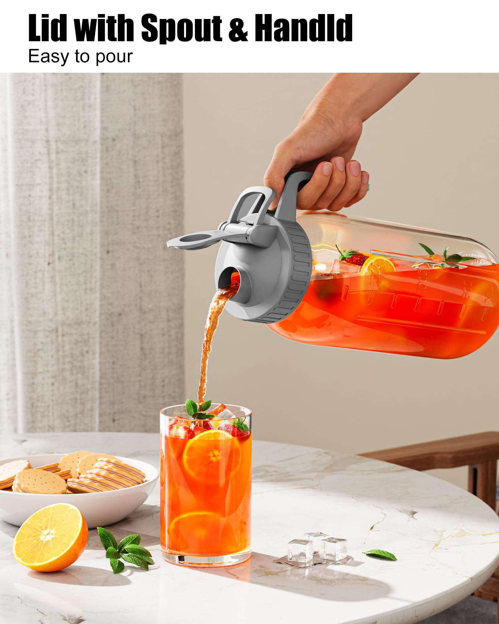 Glass Pitcher With Lid - 64oz Mason Jar Wide Mouth  Airtight Seal Leak-proof Spout Design Ideal For Iced Tea Sun Cold Beverages And Home Entertaining