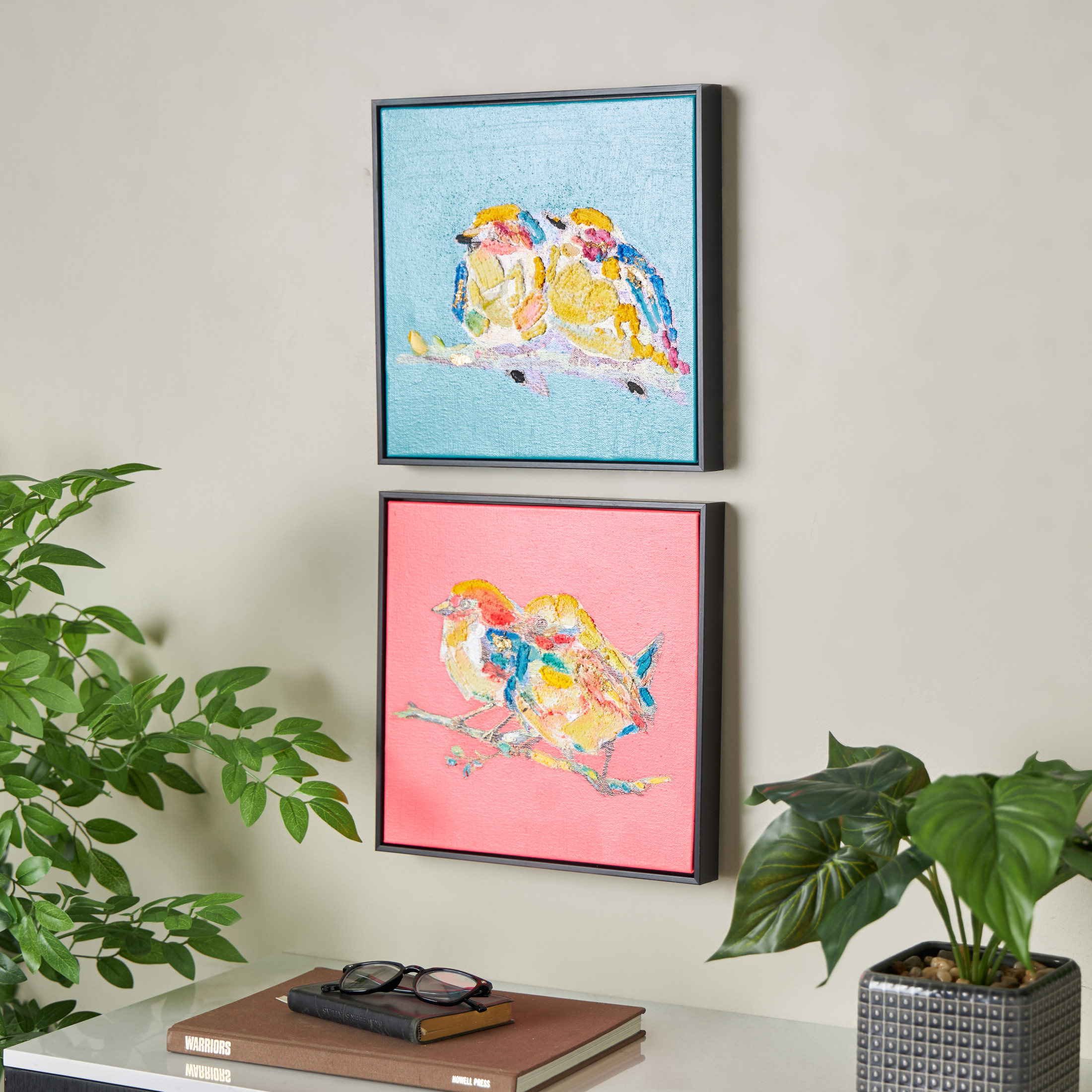 13" x 13" Colorful Bird Framed Wall Art with Black Frame and Gold Foil Accents, by DecMode (2 Count)