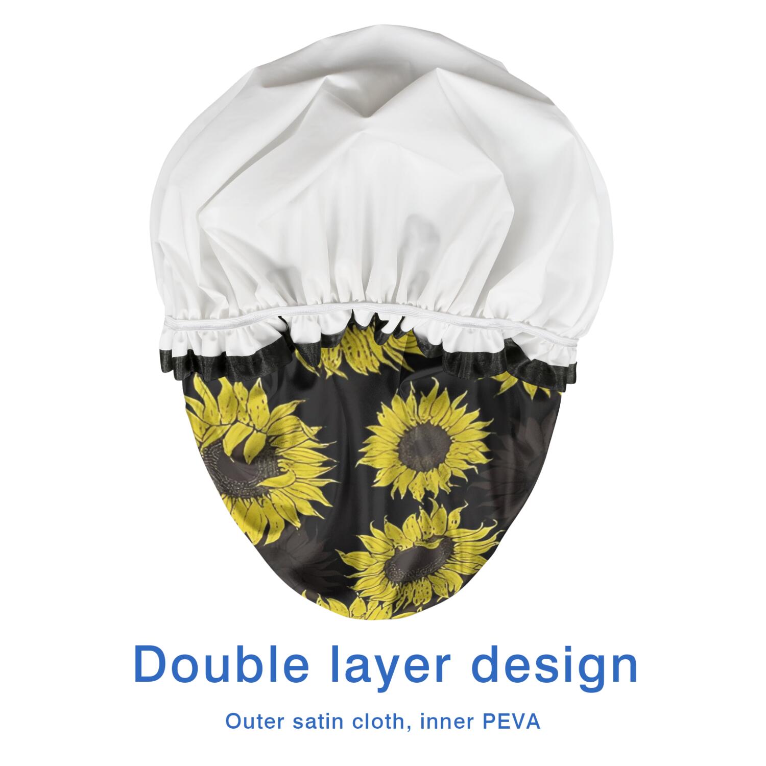 Shower Caps,Black Sunflower Pattern Waterproof Shower Cap for Women 4 Pieces,Double Reusable Hair Cover for Shower PEVA Elastic Stretch Hem
