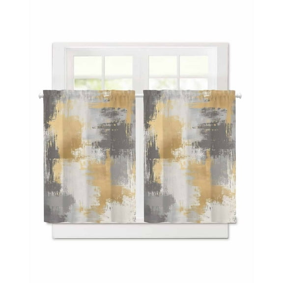 Brown Yellow Short Blackout Curtains 45 Inch Long Modern Vintage Abstract Art Rod Pocket Kitchen Curtains, 2 Panels Thermal Insulated Room Darkening Drapes for Bedroom, 30"W x 45"L