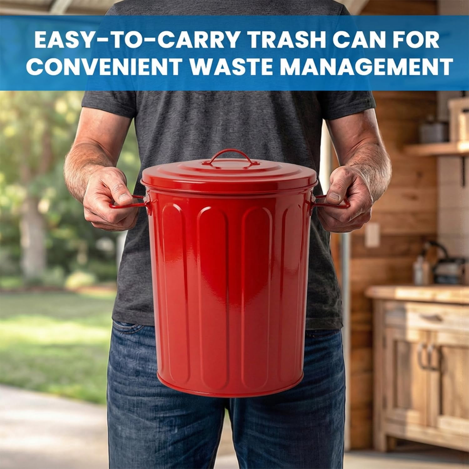 WBTER 5 Gallon Small Metal Trash Can with Lid Outdoor Galvanized Steel Bucket with Lid 5 Gal Storage Can for Dog Food Bird Seed Storage Container Rodent Pet Proof, Red