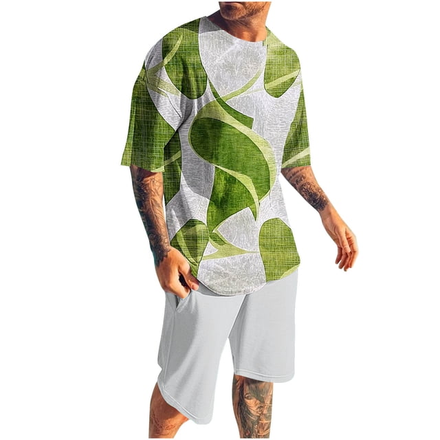 Ensemble pour Hommes : Blouse à Manches Courtes à Col Rond et Shorts à Taille Élastique, Tenue d'Été Décontractée en Polyester pour l'Extérieur, Bleu Taille P