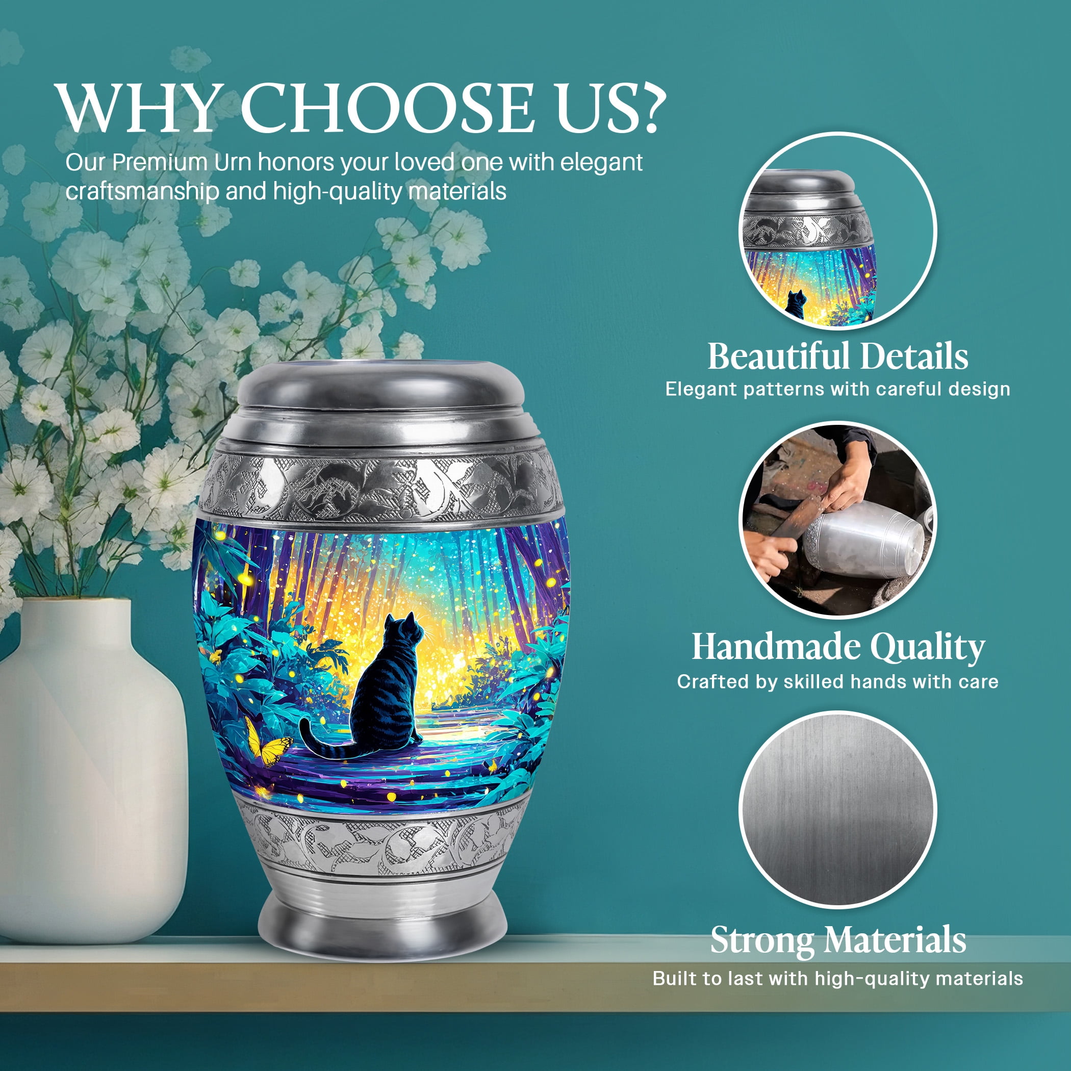 SABURIAL Cat Large Cremation Urns for Humans - Little Funeral Urns for Human Ashes Adult Male - Mini Urn for Ashes for Women - Combo of 10 Inch & 3 Inch - Keepsake Burial Urn for Ash