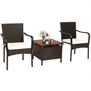 Costway 3PCS Patio Rattan Furniture Bistro Set Wood Side Table Stackable Chair