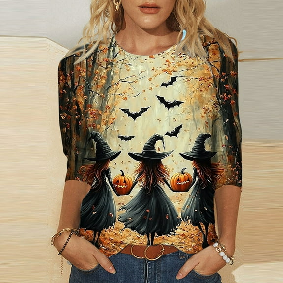 Halloween Shirts for Women Crewneck Blouses Pullover Funny Cute Witch Printed Sweatshirts 3/4 Length Sleeve Tunic Tops Halloween Costume Gifts