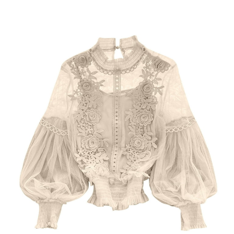 CURLBIUTY Dames Victoriaans Shirt Lange Mouwen Gothische Blouse Renaissance Vintage Kant Doorknoop Top, Wit, XL