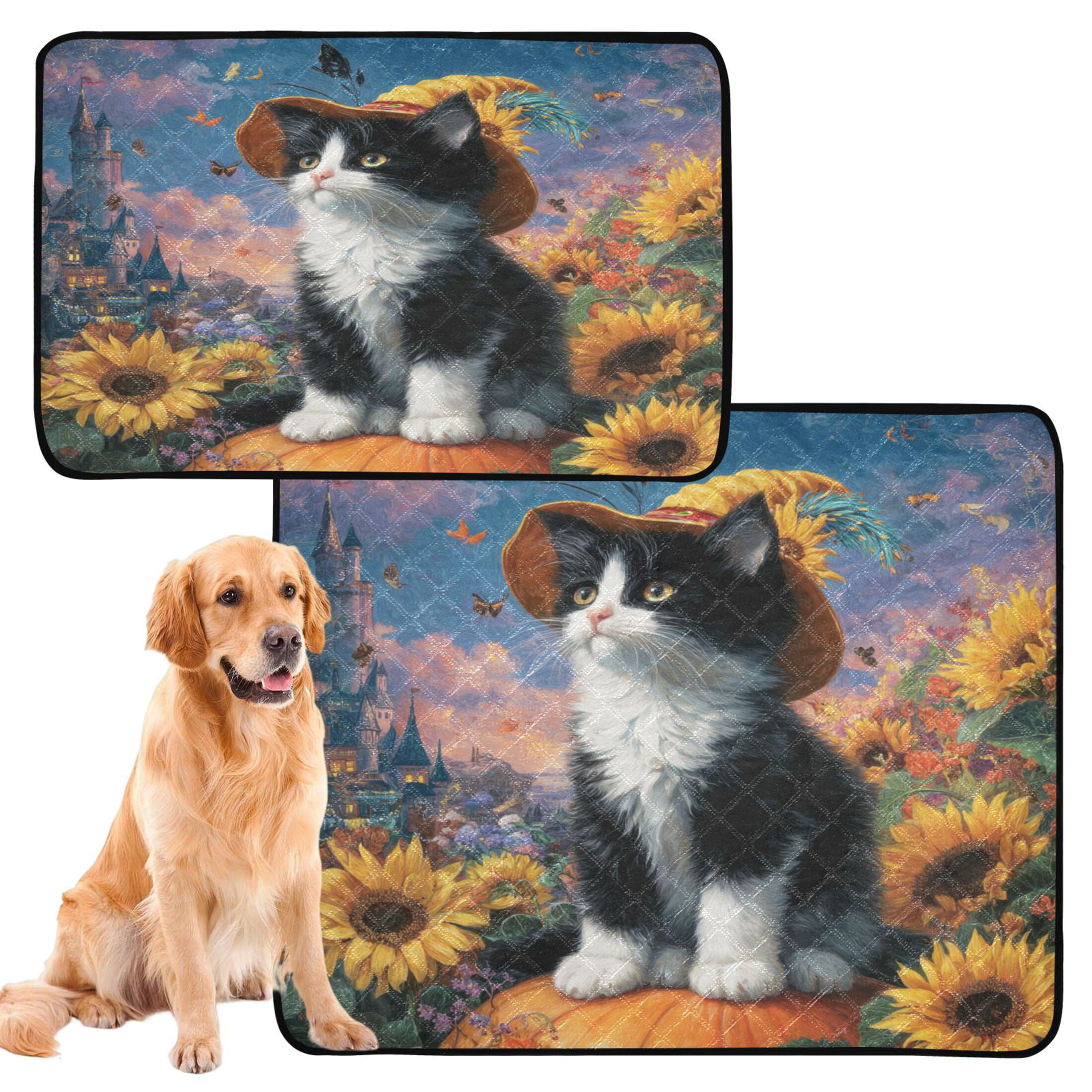 Qxltty Sunflower Black Cat Cat litter Pads Pet Set of 3 Diaper Mats Center Anti-leakage Layer Absorbent Soft and Comfortable
