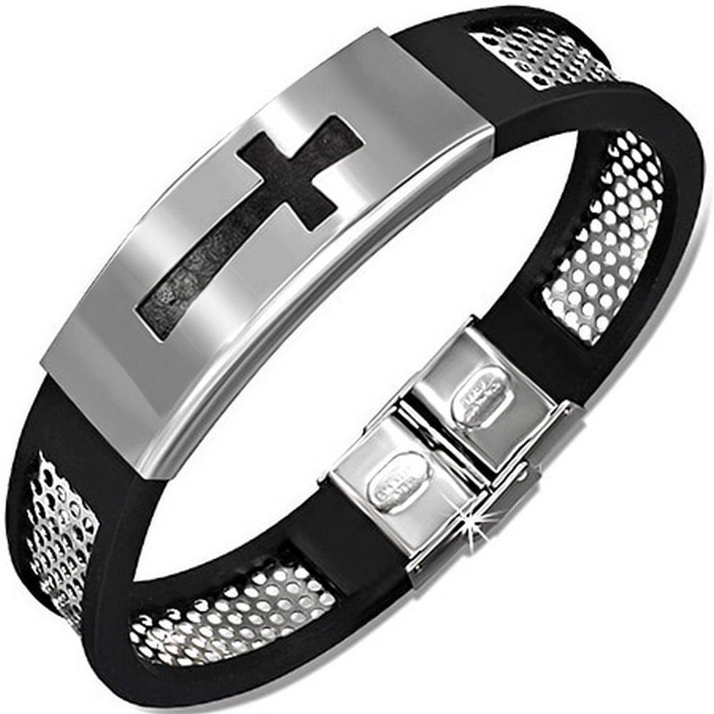 Stainless Steel Black Rubber Silicone Silver-Tone Latin Cross Religious ...
