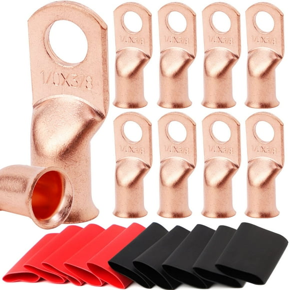 TKDMR 10 Pcs 1/0 AWG-3/8 Crampons de Batterie, Crampons de Fil Robustes, Bornes de Batterie, Embouts de Câble de Batterie, 0 Bornes de Batterie, Connecteurs de Bornes de Batterie avec 10 Pcs Tubes Thermorétractables 3:1
