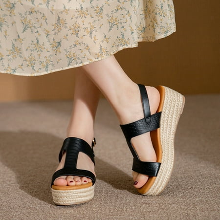 

Binmer Women s Straw Shoes Platform Open Toe Anti-Slip Temperament Wedge Sand