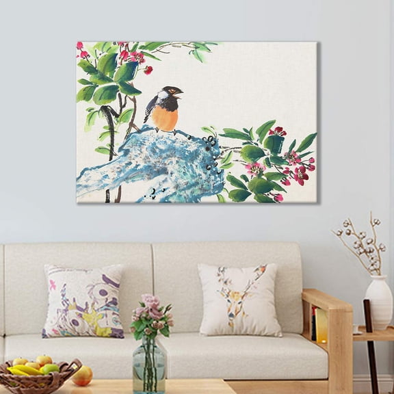 wall26 Canvas Wall Art of Bird Perched with Flowers Oriental Style | 16x24 inches