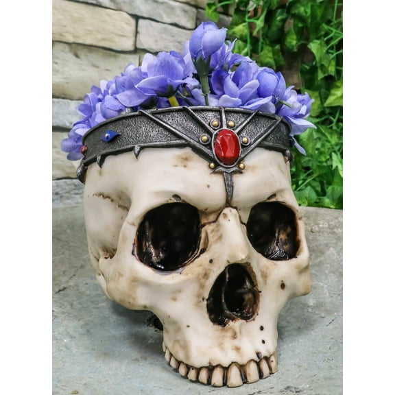 Medieval Gothic Skeleton King Skull With Bejeweled Crown Bowl Planter Figurine
