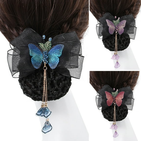 Eoperou Hair Net Elastic Tight Non-Slip Handmade Tassel Bow Decor Dress Up Headdress Women Hair Clip with Hair Net Bag Hair Accessories