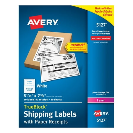 Avery Shipping Labels w/Paper Receipts and TrueBlock Technology for Laser Printers 5-1/16 x 7-5/8, Pack of 50