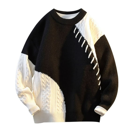 Wyobmus Men's Oversized Sweater Round Neck Long Sleeve Knitwear Soft Assorted Colors Texture Elastic Cuff Sweater Black