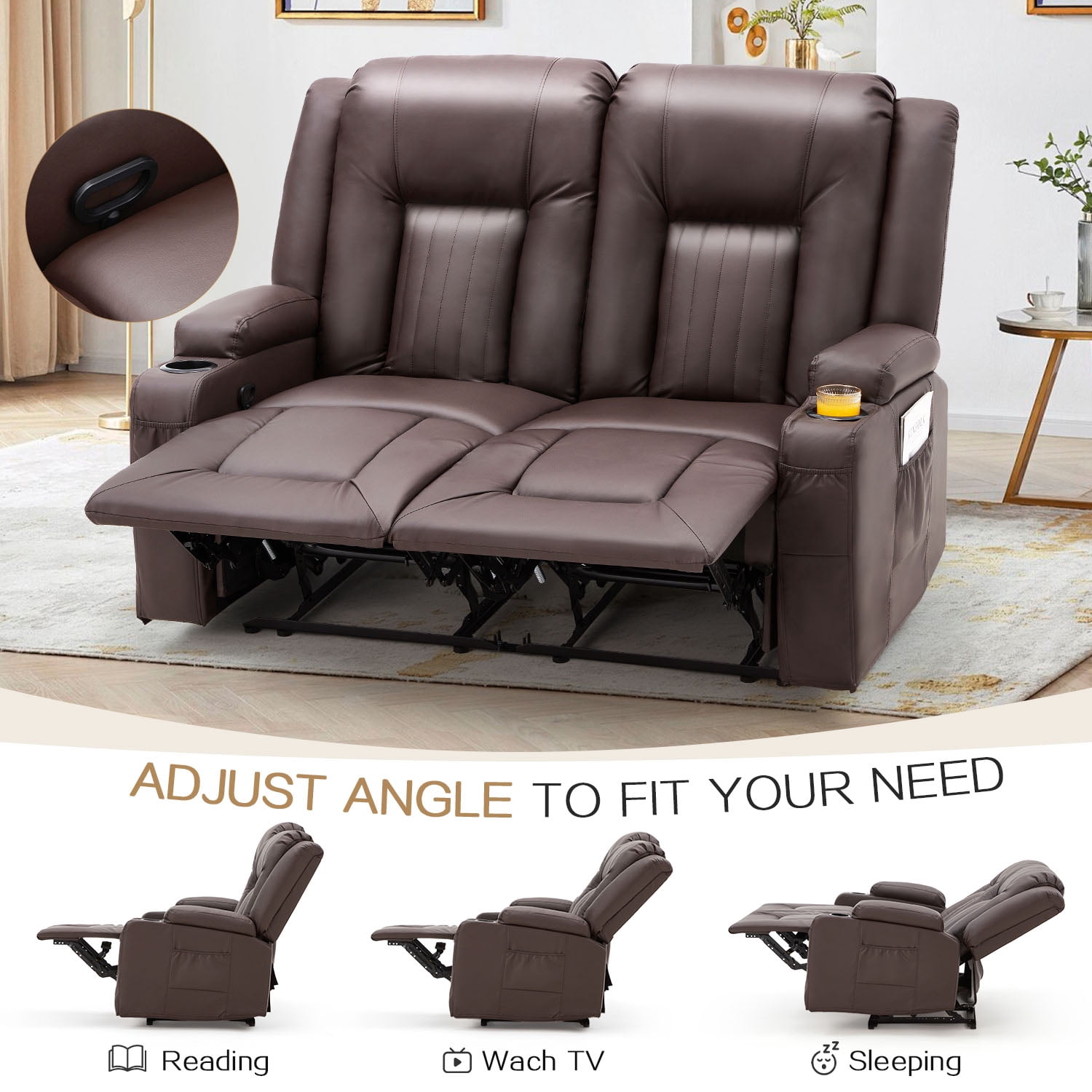 AECOJOY Manual Reclining Loveseat with Cup Holders&Side Pockets, PU Leather Double Recliner Loveseat  Home Theater Seating-Brown