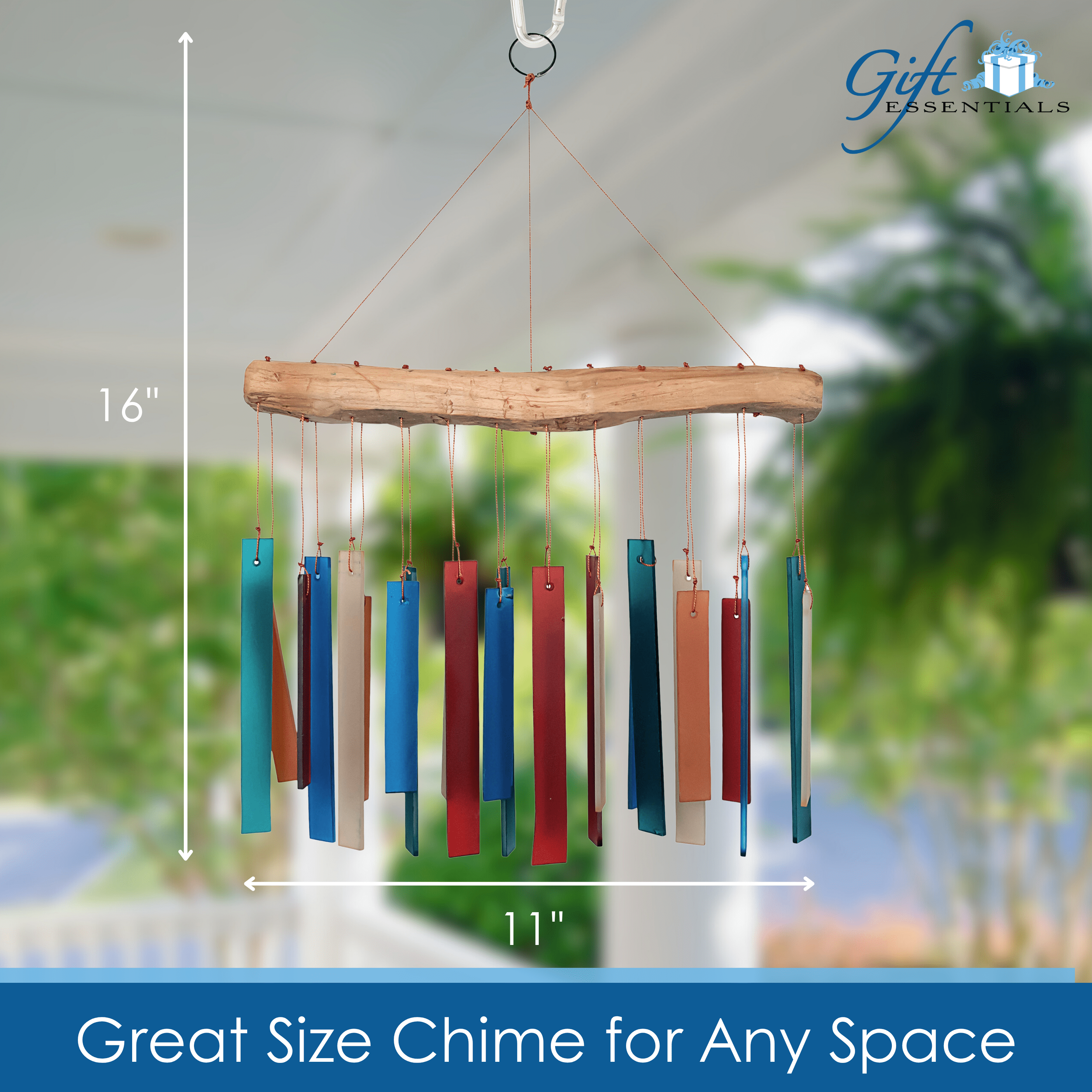 Blue Handworks Retro Colors Glass & Driftwood Chime - Sandblasted Glass and Found Wood Handcrafted Wind Chime for Outdoor and Garden Décor