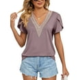 thumbnail image 2 of Womens Classic Tees Short Sleeve Summer Tops Lace V Neck Loose Fit Henley Shirts Casual Blouse, 2 of 6