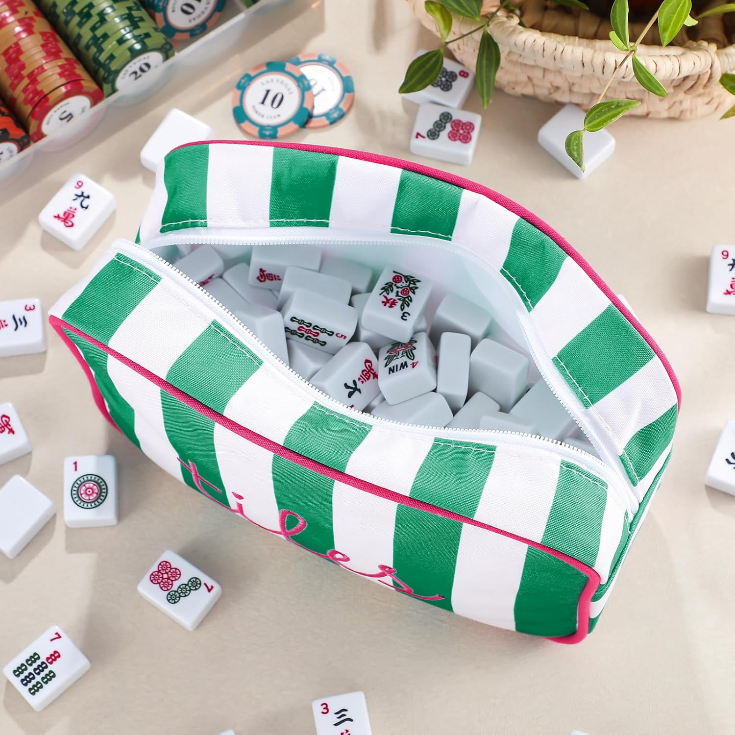 Mahjong Tile Bag with Zipper, Mahjong Storage Pouch Mah Jong Bags for Tiles Board Game Pieces Game Party Travel Gatherings Accessories, 9.4 x 6.3 x 3.1 Inch(Green,Classic)