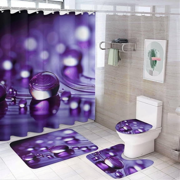 Bathroom Set, Purple Drops Printed Bathroom Set,Bathroom Set 4-Piece Set,Bathroom Set with Shower Curtain Sets  and Carpet