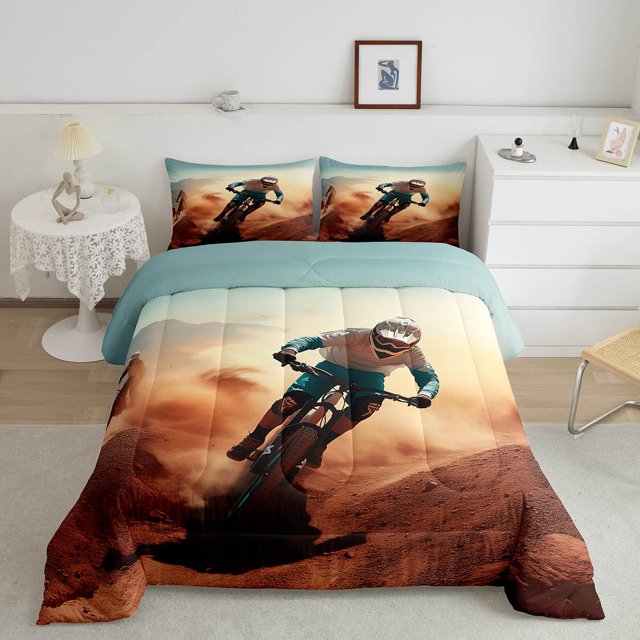 Dirt Bike Queen Comforter Set,Bicycle Motocross Race Bedding Set for Kids Teens Adults,Motorcycle Rider Bed Set,Extreme Sport Down Comforter