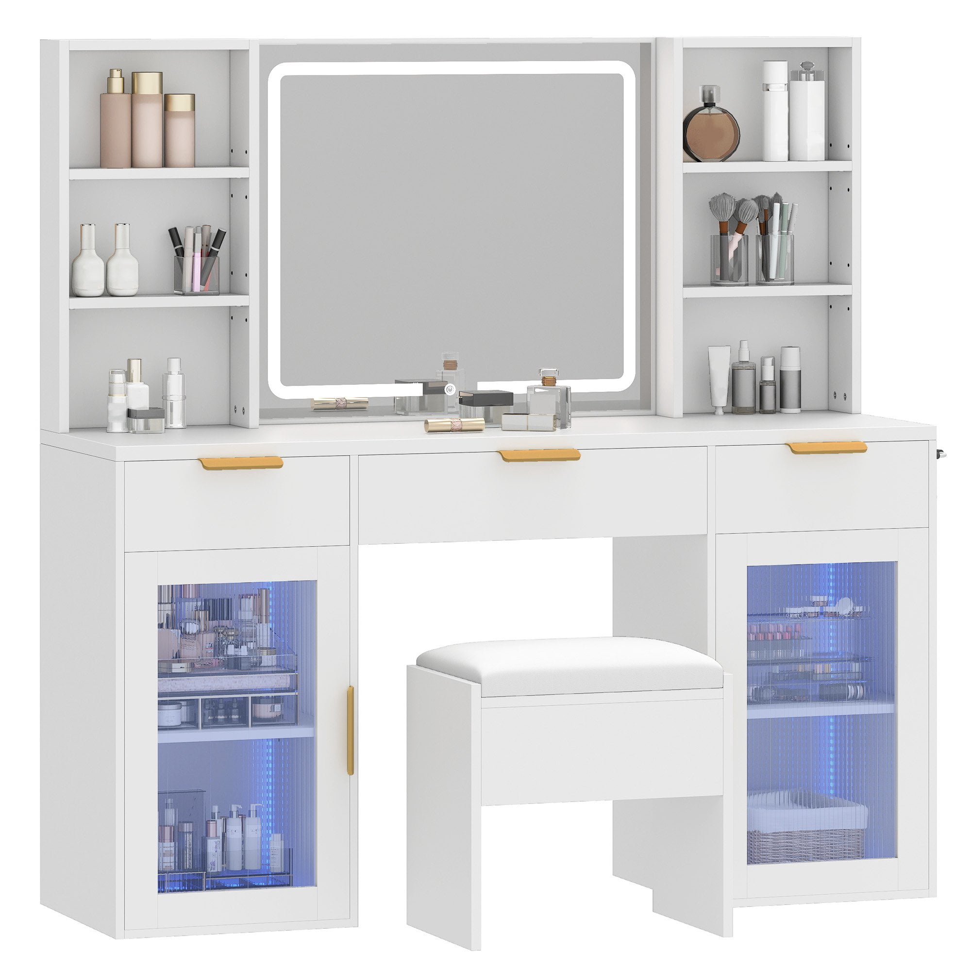 Uforic 56" Vanity Desk with LED Mirror, RGB Cabinets, Power Outlet, Shelves and Stool, White