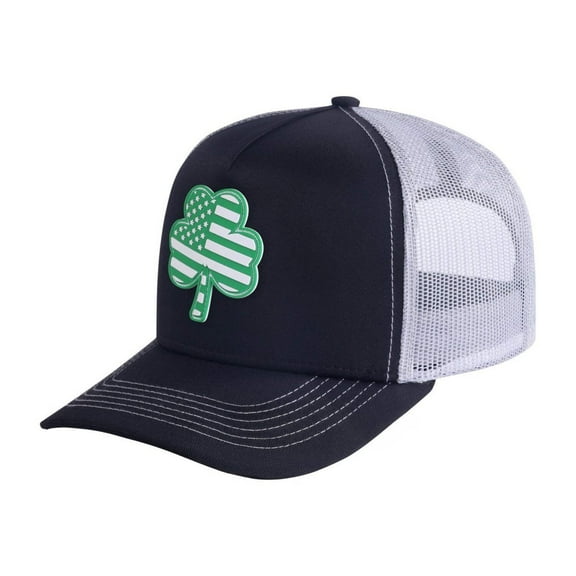 Unisex Embroidered St. Patrick'S Day Four Leaf Shamrock, 5-Panel Trucker Hat, Black/White, Adjustable Fit
