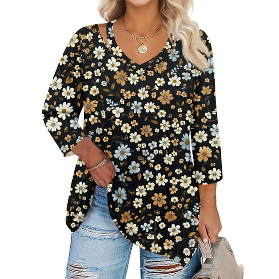 WTOBBY Women's Curve Floral Hollow Neck Blouse 3/4 Sleeve Chiffon Plus Size Top with Elegant Ruffle Detail Casual Wear,Black L