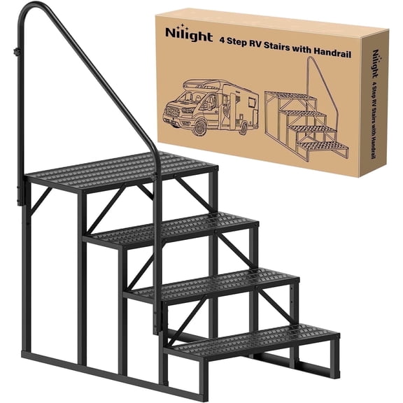 Pre-Owned Motorhome Steps with Rail, 4 Steps Spa Steps Outdoor Steps Portable Steps Mobile Steps Door Steps 5th Wheel, Awning with Non-Slip Rail Motorhome Awning with Non-Slip Rail