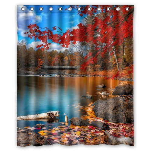 HelloDecor Fall Shower Curtain Polyester Fabric Bathroom Decorative
