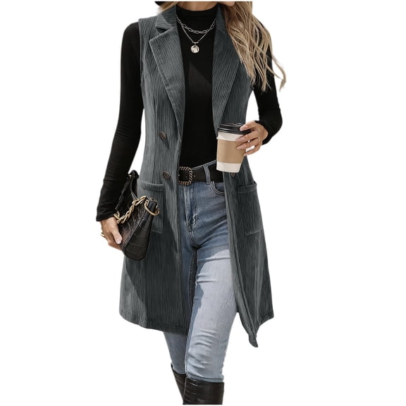 BXJX Womens Corduroy Vests, Mid-length Button Down Sleeveless Lapel Collar Fall Outerwear with Pockets Gray Size S-2XL