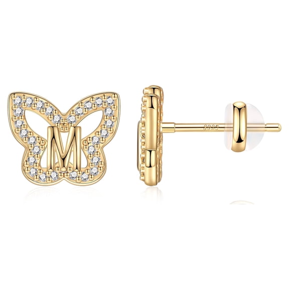 TINGN Butterfly Initial Earrings for Women 14K Gold Plated S925 Sterling Silver Women Earrings
