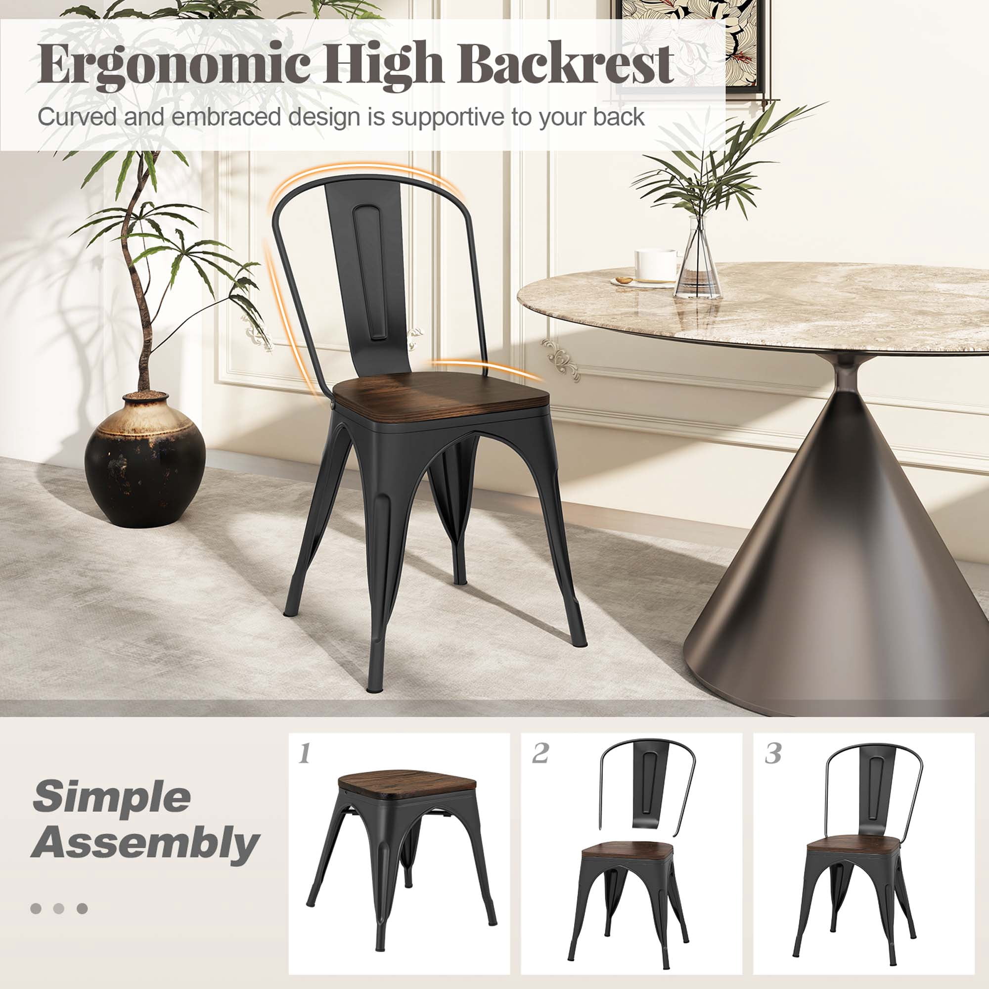 Gymax Tolix Style Metal Dining Chairs Set of 4 w/ Wood Seat & Removable Backrest Black