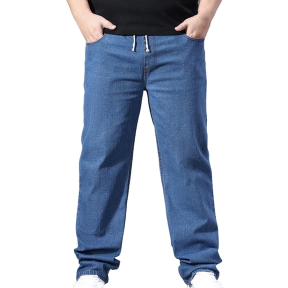 hotojiny Jeans for Men Pull on Elastic Waist Loose Fit Denim Pants Big and Tall Straight Leg Stretch Chambray Trousers Streetwear XL-5XL