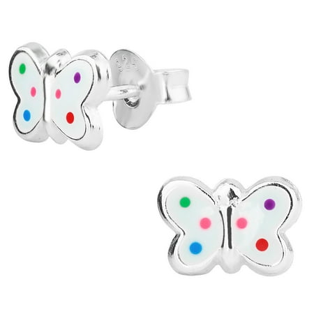 Hypoallergenic Sterling Silver Rainbow Polka Dot Butterfly Stud Earrings for Kids (Nickel Free)