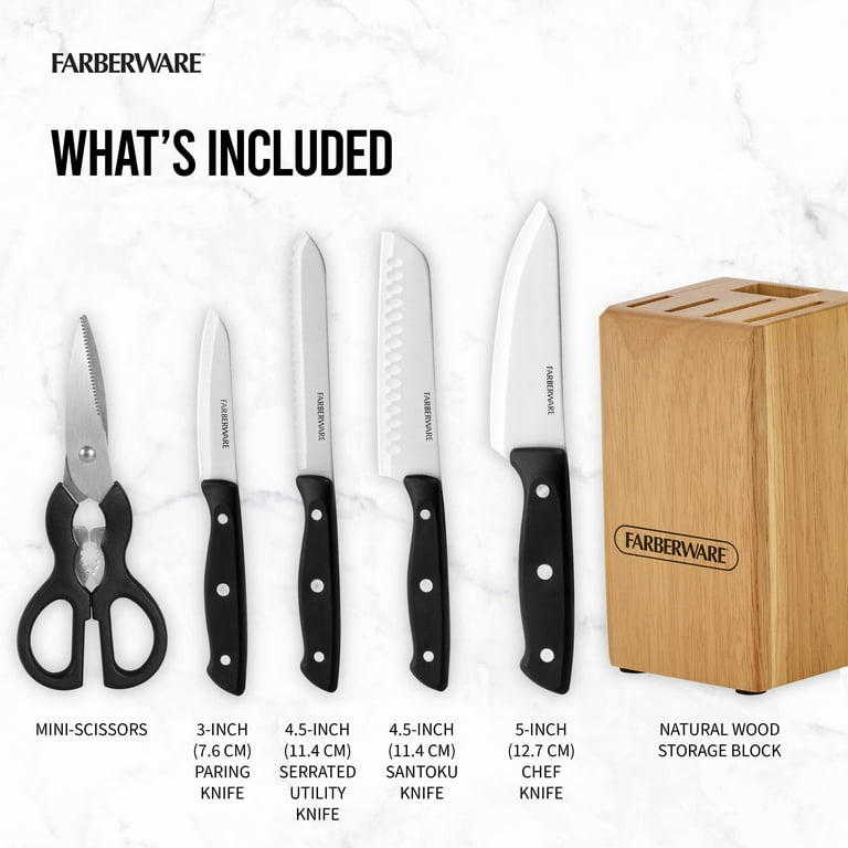 Farberware Never Needs Sharpening High-Carbon Stainless Steel Knife Block  Set with Non-Slip Handles, 18 Piece, Black