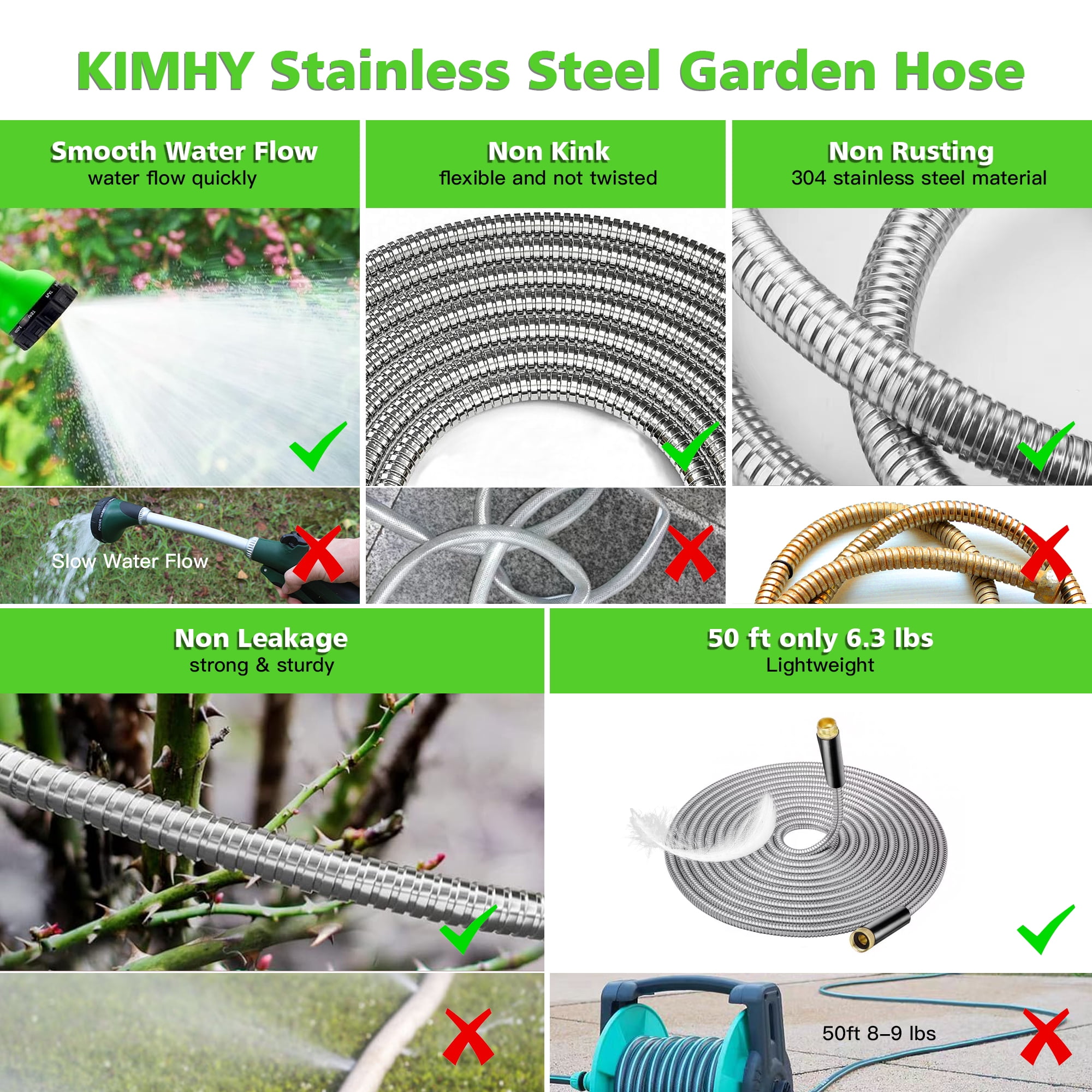 50ft Garden Hose Metal with Nozzle, KIMHY 304 Stainless Steel Water Hose 3 /4 Inch , Kink & Tangle Free, Rust Proof, 150 Psi