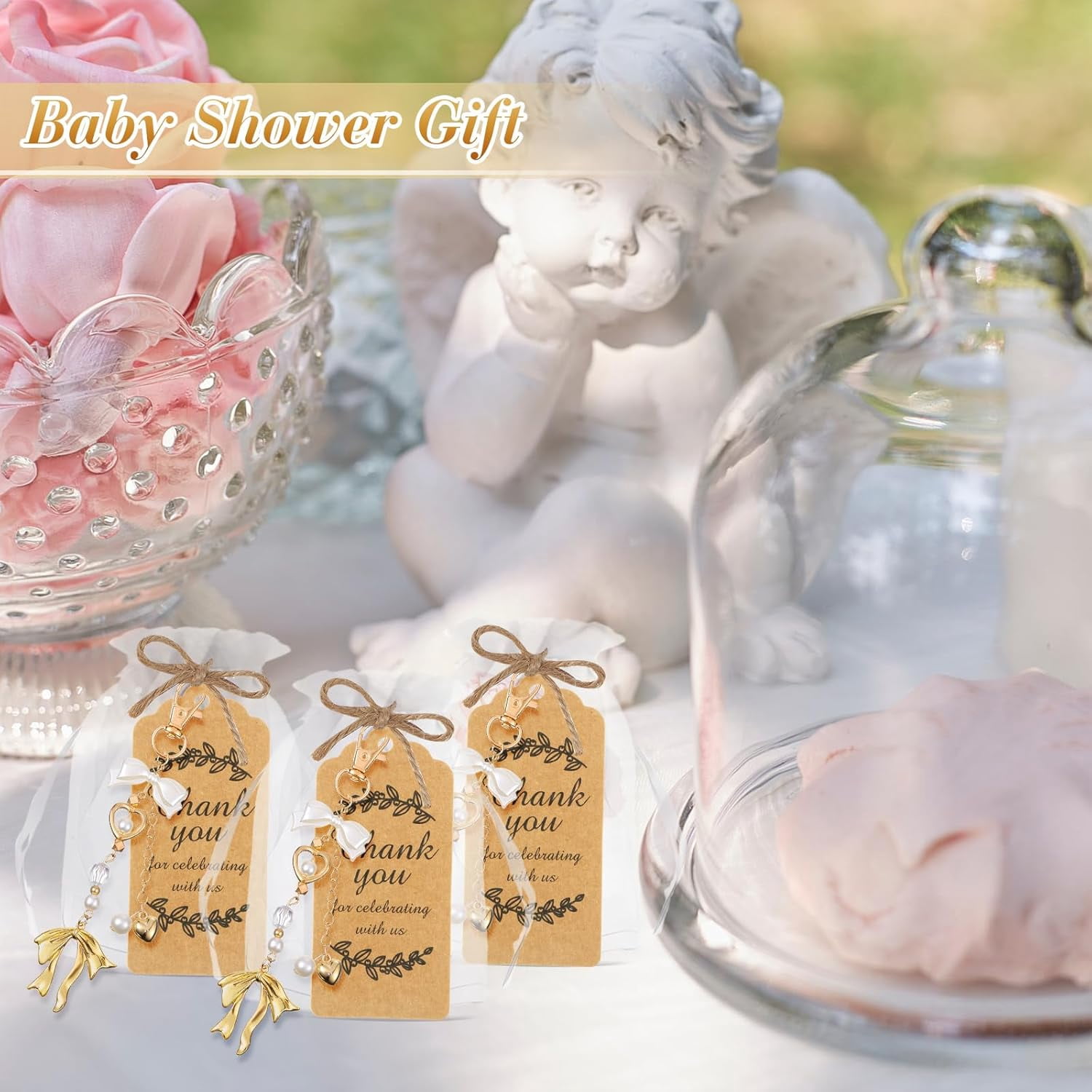 20 Set Pearl Bow Keychain Party Favor Bulk Mother's Day Keyring Charm Accessories Present Kraft Tag Organza Bag for Guest Baptism Bridal Shower Graduation Wedding Party Gift(Gold, Novel Bow)