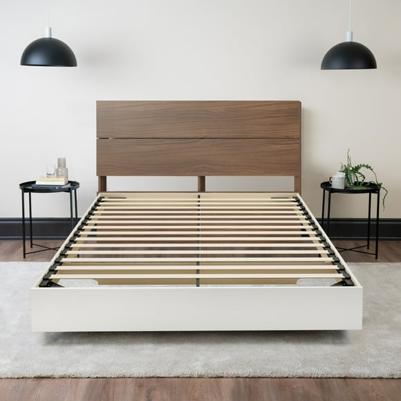 Floating Wood Bed with Headboard (Walnut and White) - Queen
