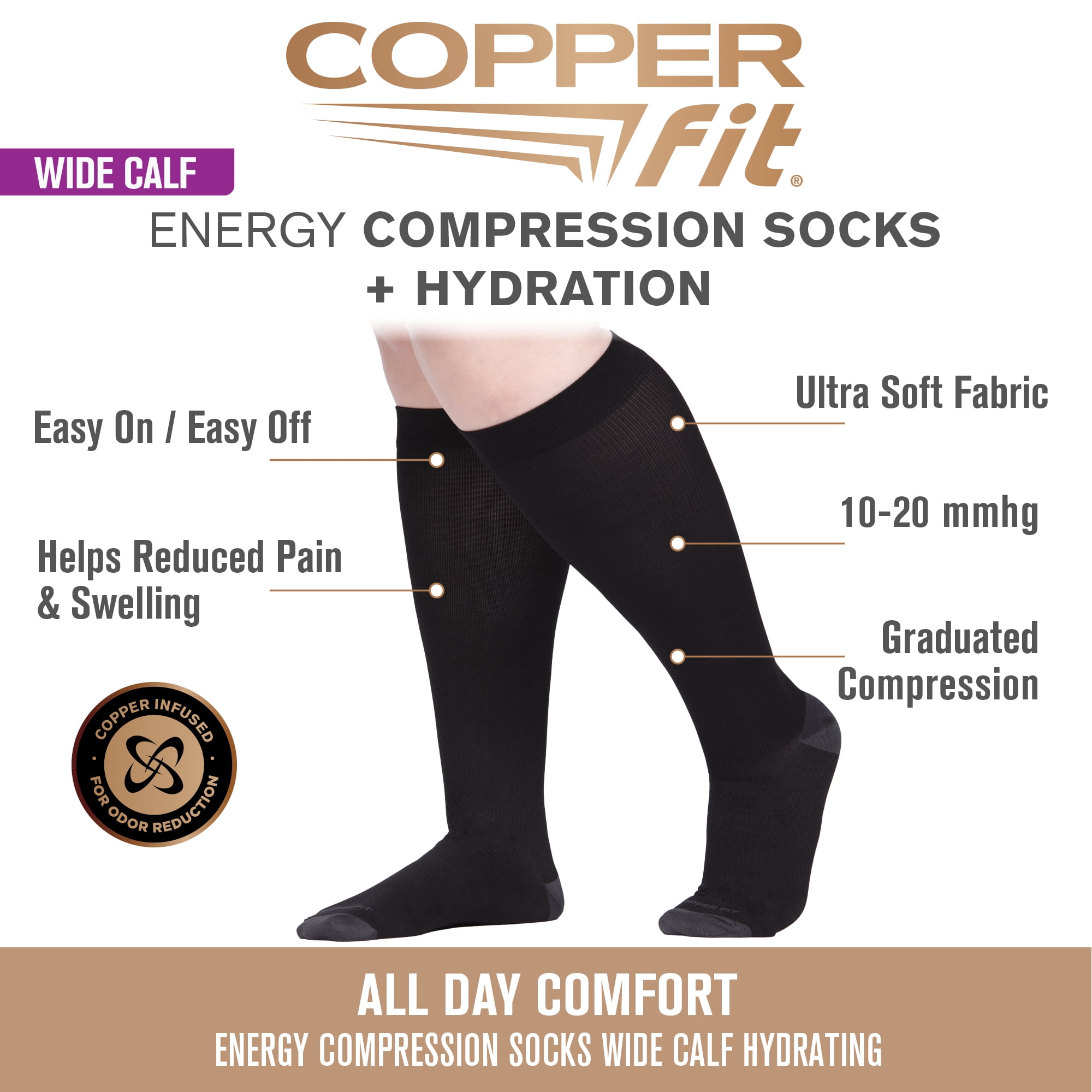 Copper Fit Compression Socks, Wide Calf, Silky-Soft, Hydrating, Unisex, Black, L/XL