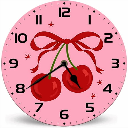 Lucidhisun Pink Cherry Wall Clocks Silent Non-Ticking Battery Operated Clock 10in, Wood Rusitc Girls Wall Clock for Bathroom Decorative for Living Room, Kitchen, Office, Unique/Funny Gift