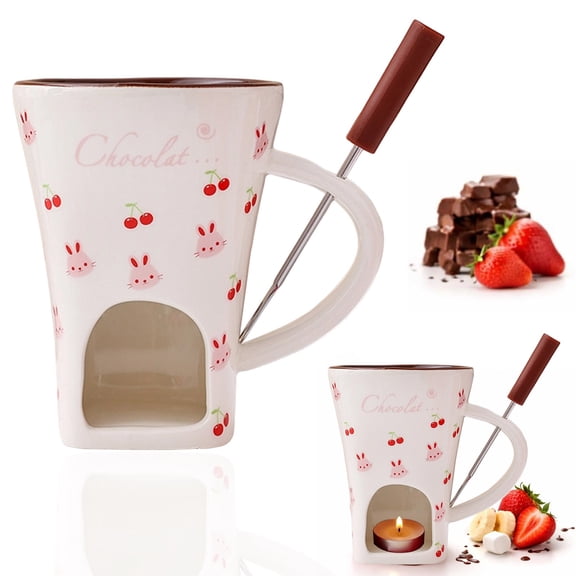 Fondue Mug Set with Fork, Ceramic Melting Cup for Cheese and Chocolate, Tealight Warmer W