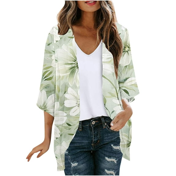 Nmnitkp Lightweight Summer Cardigan Womens Blouse Sleeve Cardigan Floral Print Puff Sleeve Kimono Cardigan Loose Cover Up Casual Blouse Tops