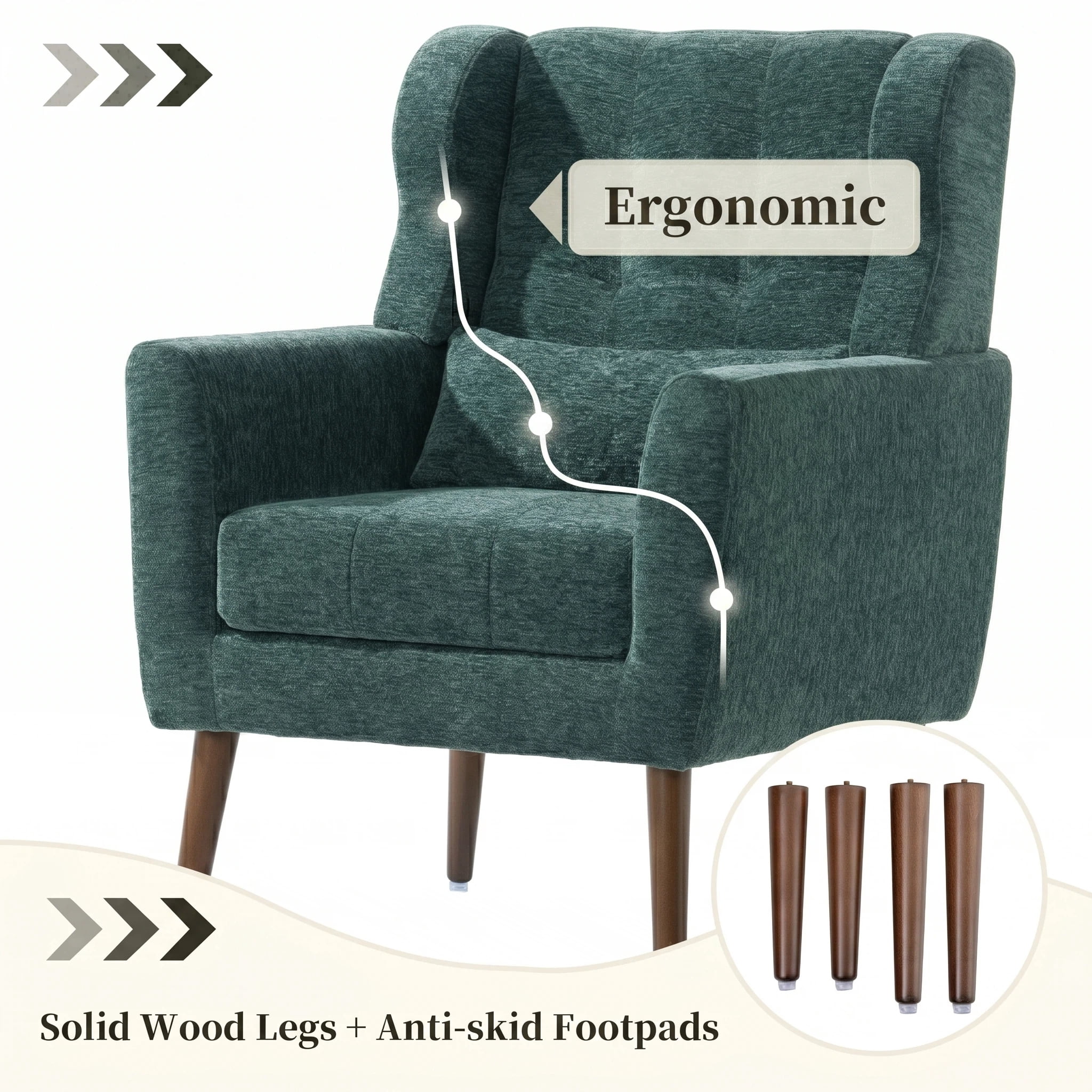 AISWORD Modern Accent Chair, Upholstered Armchair with Pillow, Fabric Single Sofa Chair with Lounge Seat and Wood Legs Accent Chair for Living Room Bedroom Small Spaces, Blackish Green