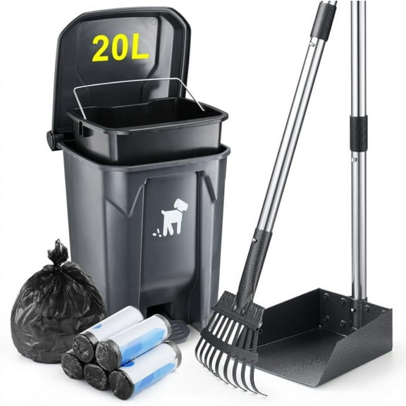 Dog Pooper Scooper, Dog Poop Trash Can Set with Removable Inner Bucket, Long Handle Rake, 150 Waste Bags, Easy Pick Up Poop Scooper, 20L Dog Poop Trash Bin for Small/Large Dog Families