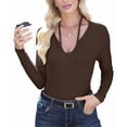 thumbnail image 2 of Womens Fall Clothes Long Sleeve Shirts Halter U Neck Ribbed Knit Slim Fitted Basic Casual Tops Brown L, 2 of 9