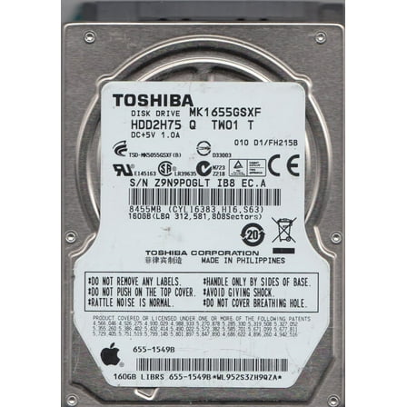 MK1655GSXF, D1/FH215B, HDD2H75 Q TW01 T, Toshiba 160GB SATA 2.5 Hard Drive